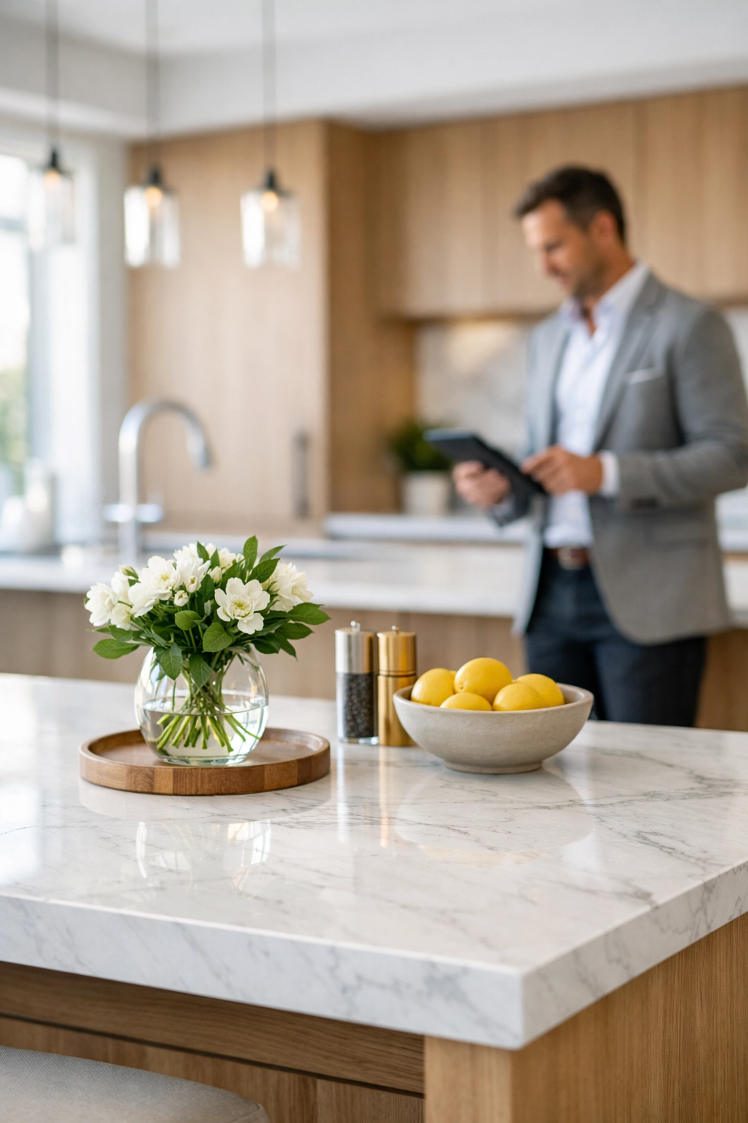 Professional property valuation of a modern home in Wisbech, Fenland, showing a bright, high-end kitchen.