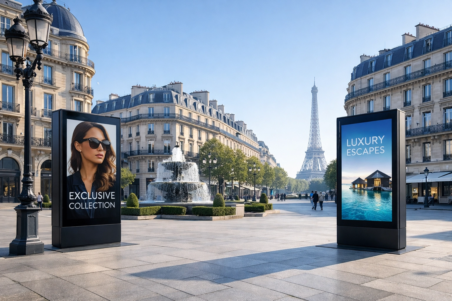 Modern digital advertising kiosks integrated into classic Parisian architecture for global DOOH campaigns.