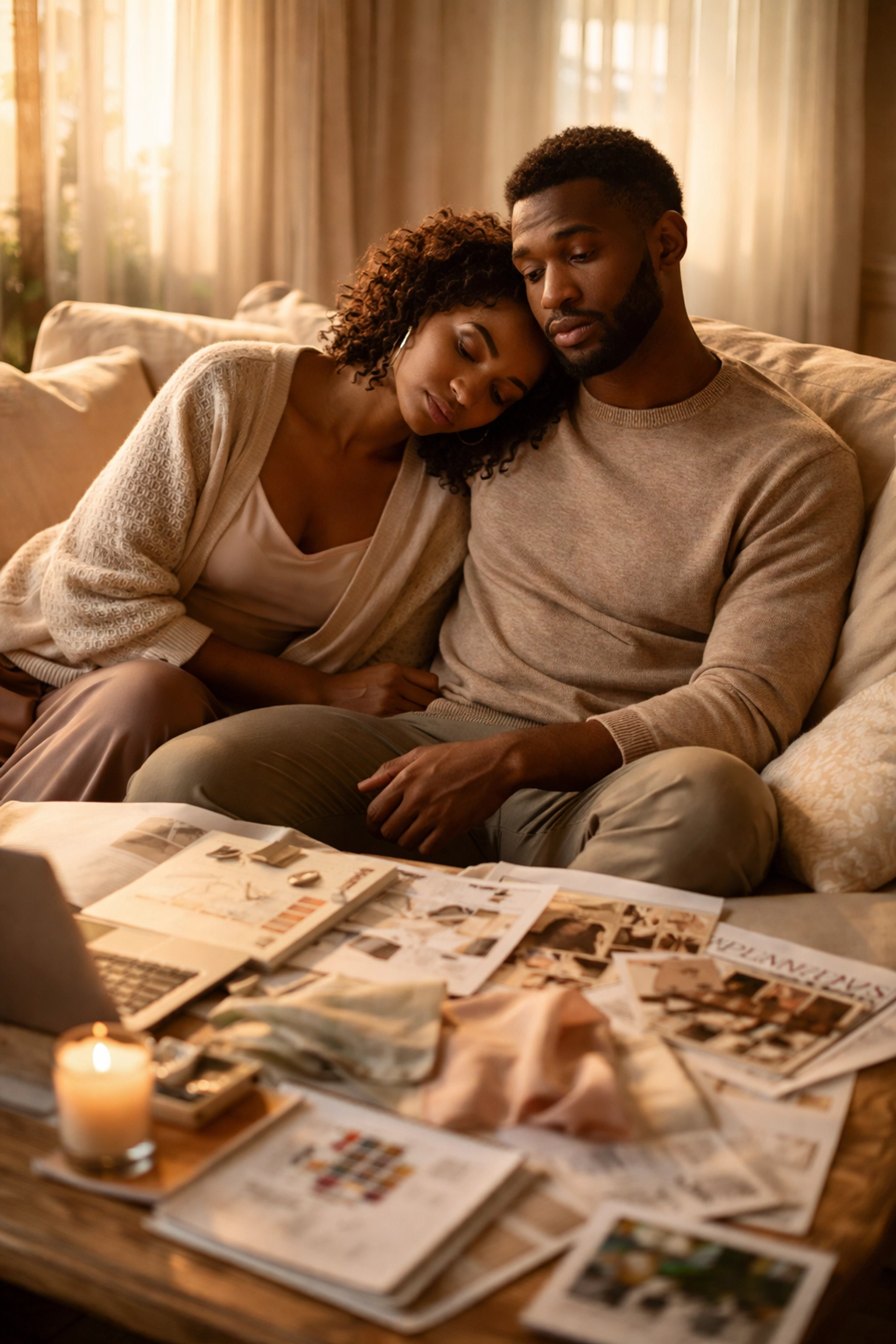 African American couple relaxing together on a sofa with wedding planning materials, showing relationship stress during engagement.