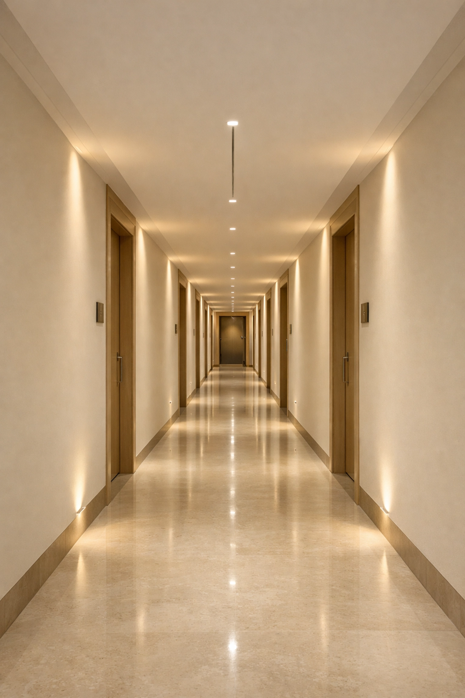 A clean, modern hotel corridor with warm lighting, illustrating the solid structure of hospitality technology.