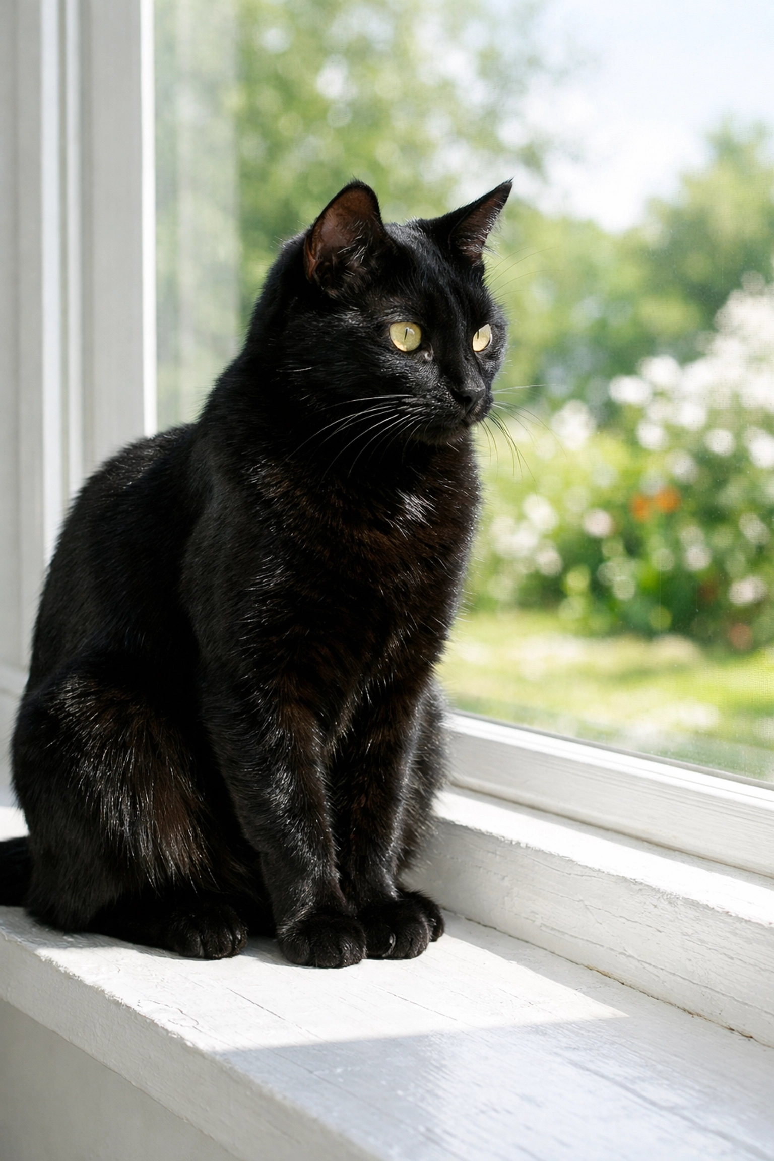 High-contrast photo of a black cat on a windowsill to demonstrate manual mode exposure.