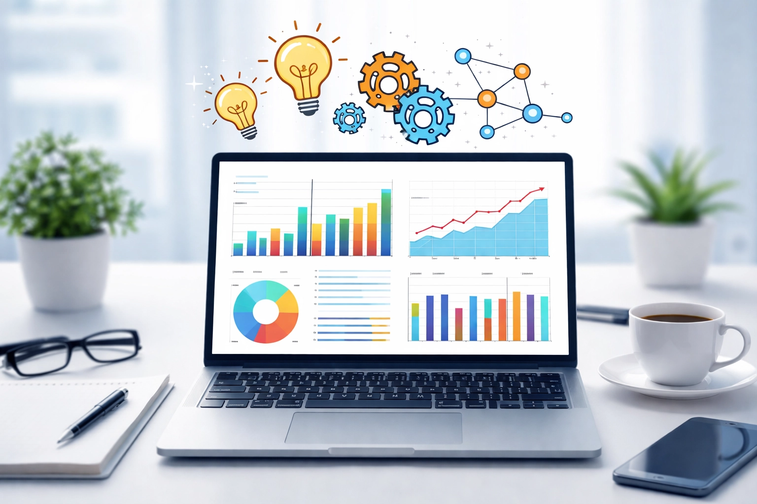 Laptop displaying data visualisation charts representing machine learning pattern recognition for business