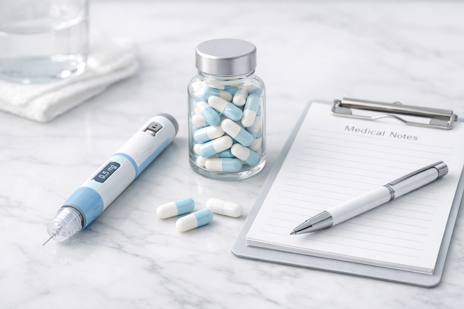 Professional medical arrangement of an injectable pen and weight loss capsules as Wegovy substitutes.