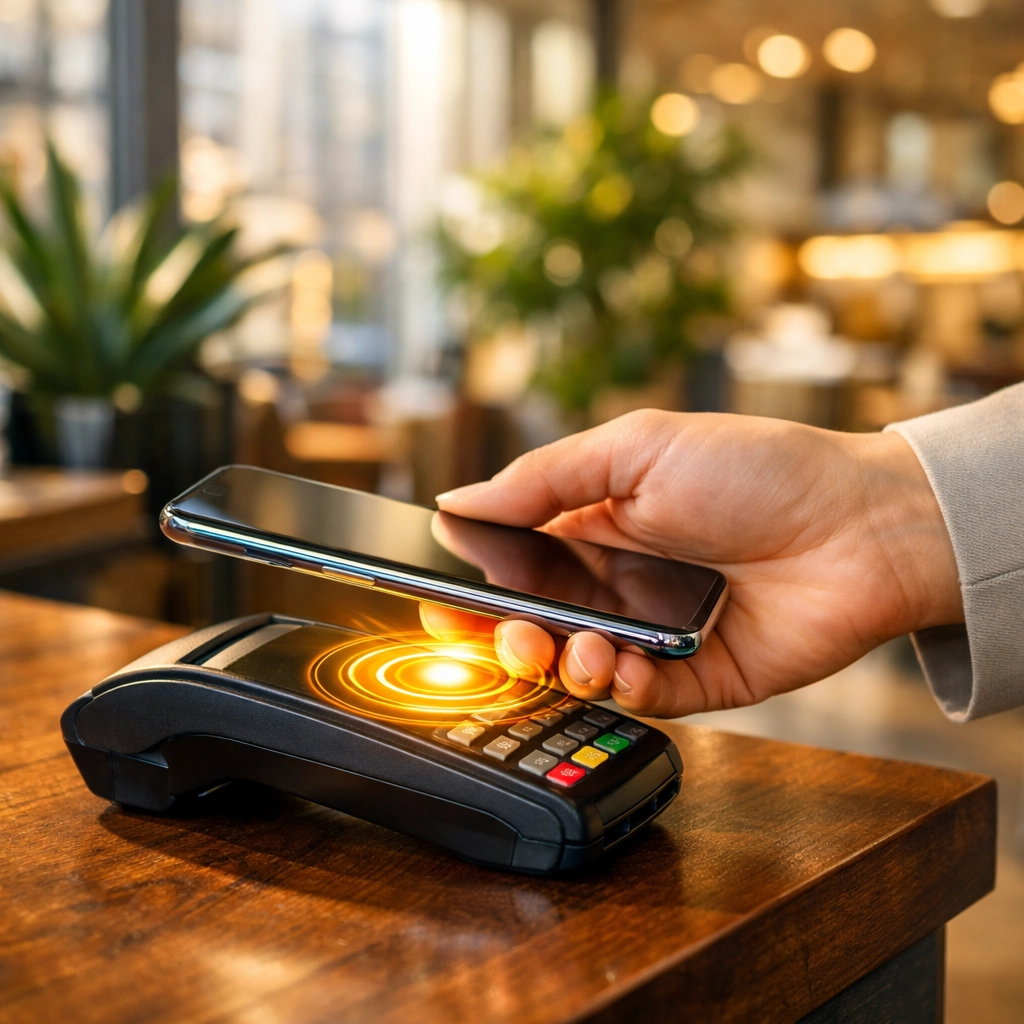 Contactless digital wallet payment using CBDC at a retail terminal in a modern cafe setting.