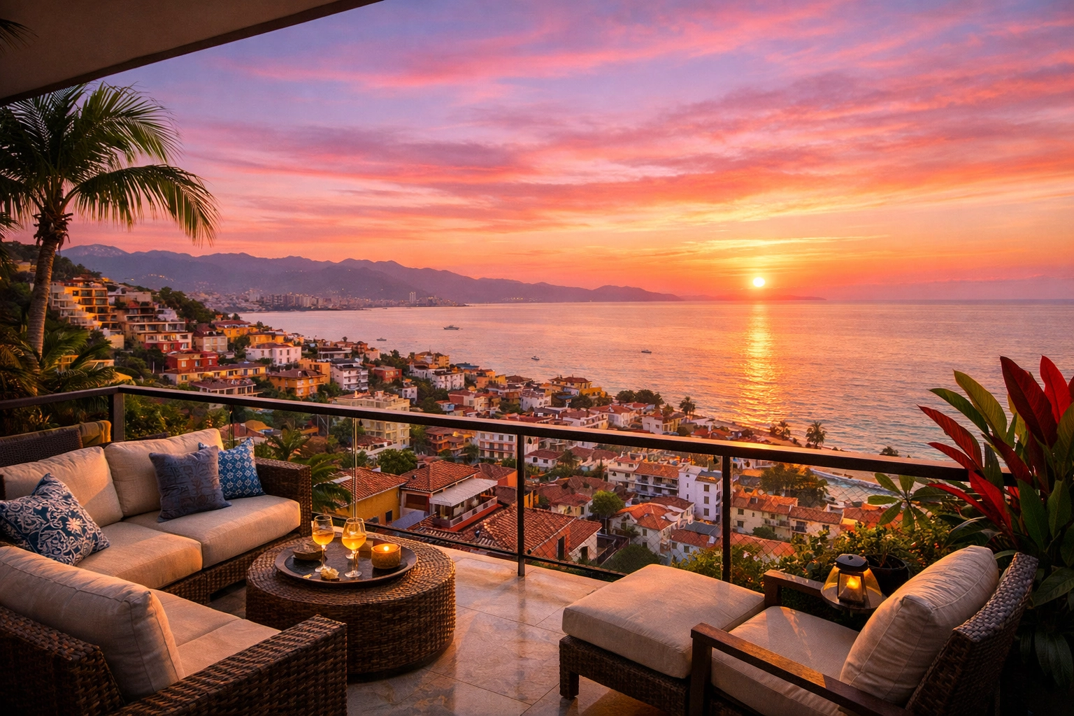 Balcony view from Puerto Vallarta rental overlooking Zona Romántica and Banderas Bay