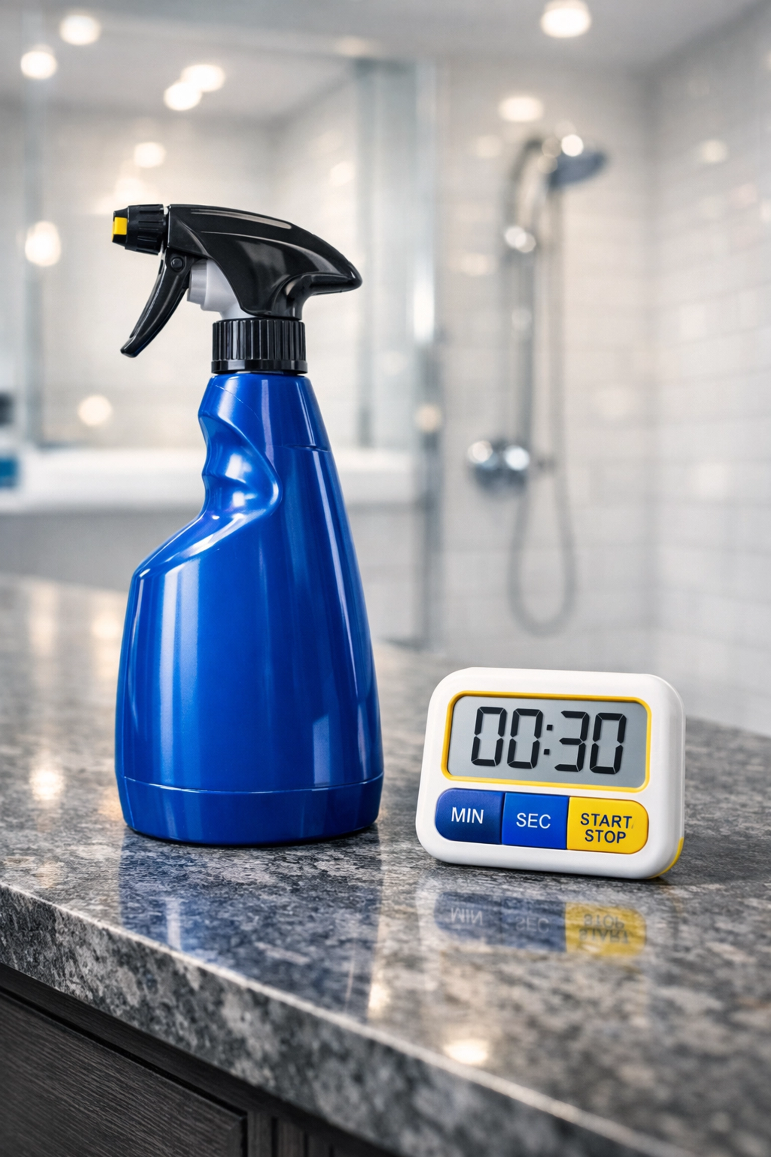 A spray bottle and timer on a bathroom counter for thorough deep cleaning Worcester disinfection.
