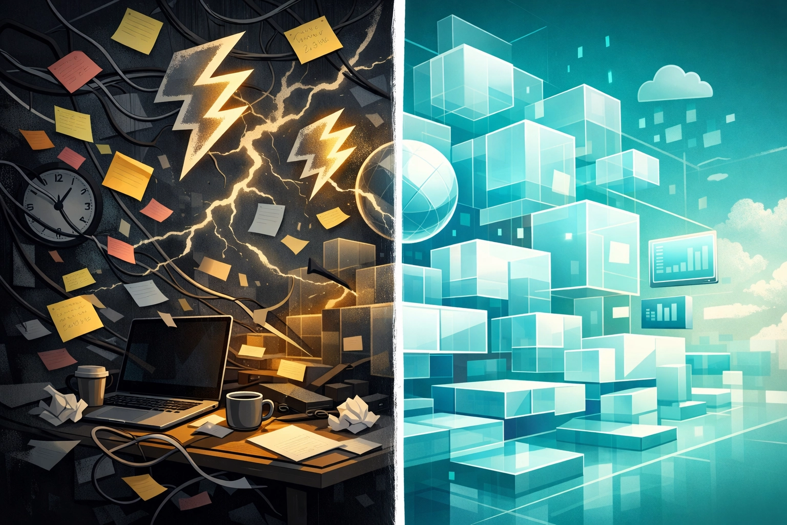 Organized digital structures versus a chaotic workspace, highlighting the need for CRM consistency.