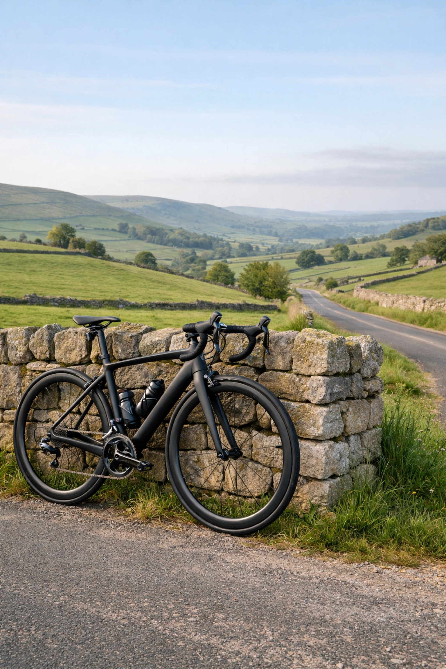 Road bike leaning against stone wall in UK countryside with rolling hills