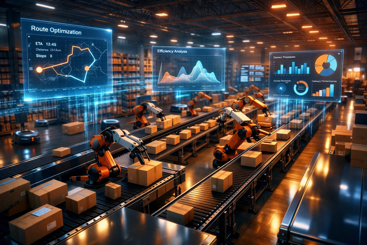 Automatisiertes Lager mit KI Logistik: Roboterarme sortieren Pakete mit Echtzeit-Datenanalyse