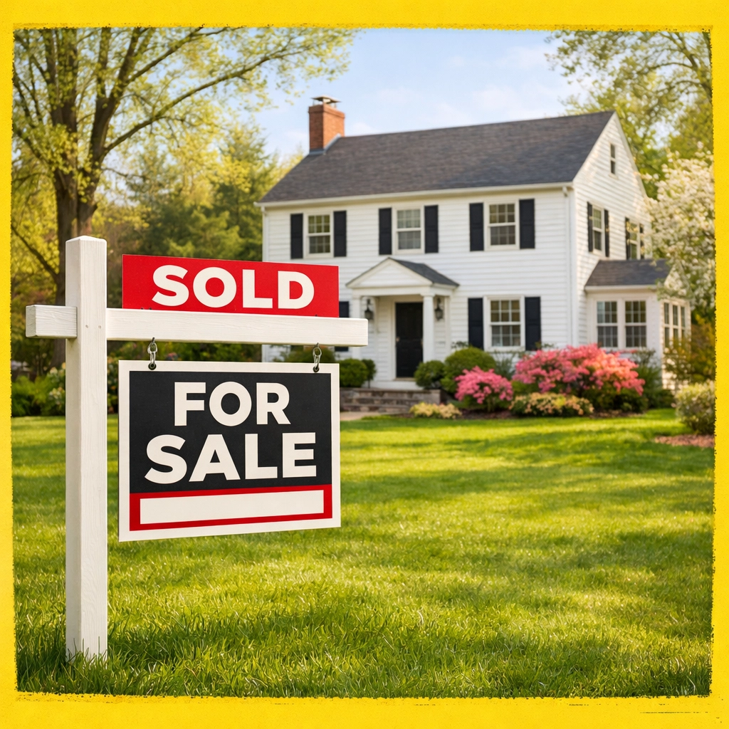 A white colonial house in Connecticut with a sold sign, showing high demand in a tight real estate market. A white colonial house in Connecticut with a sold sign, showing high demand in a tight real estate market.