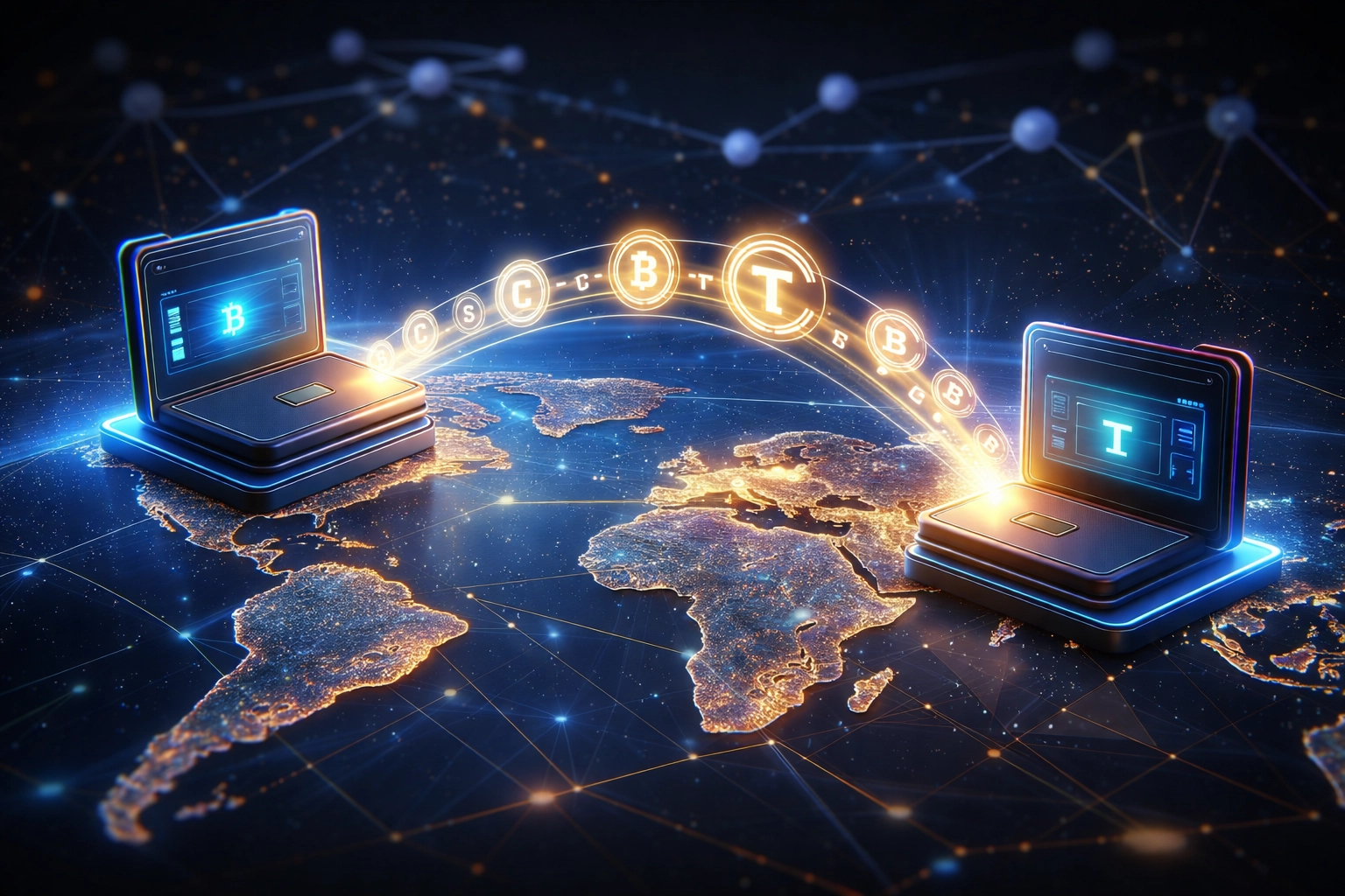 Global payment network illustrating stablecoin transfers between wallets, reducing merchant interchange fees worldwide.