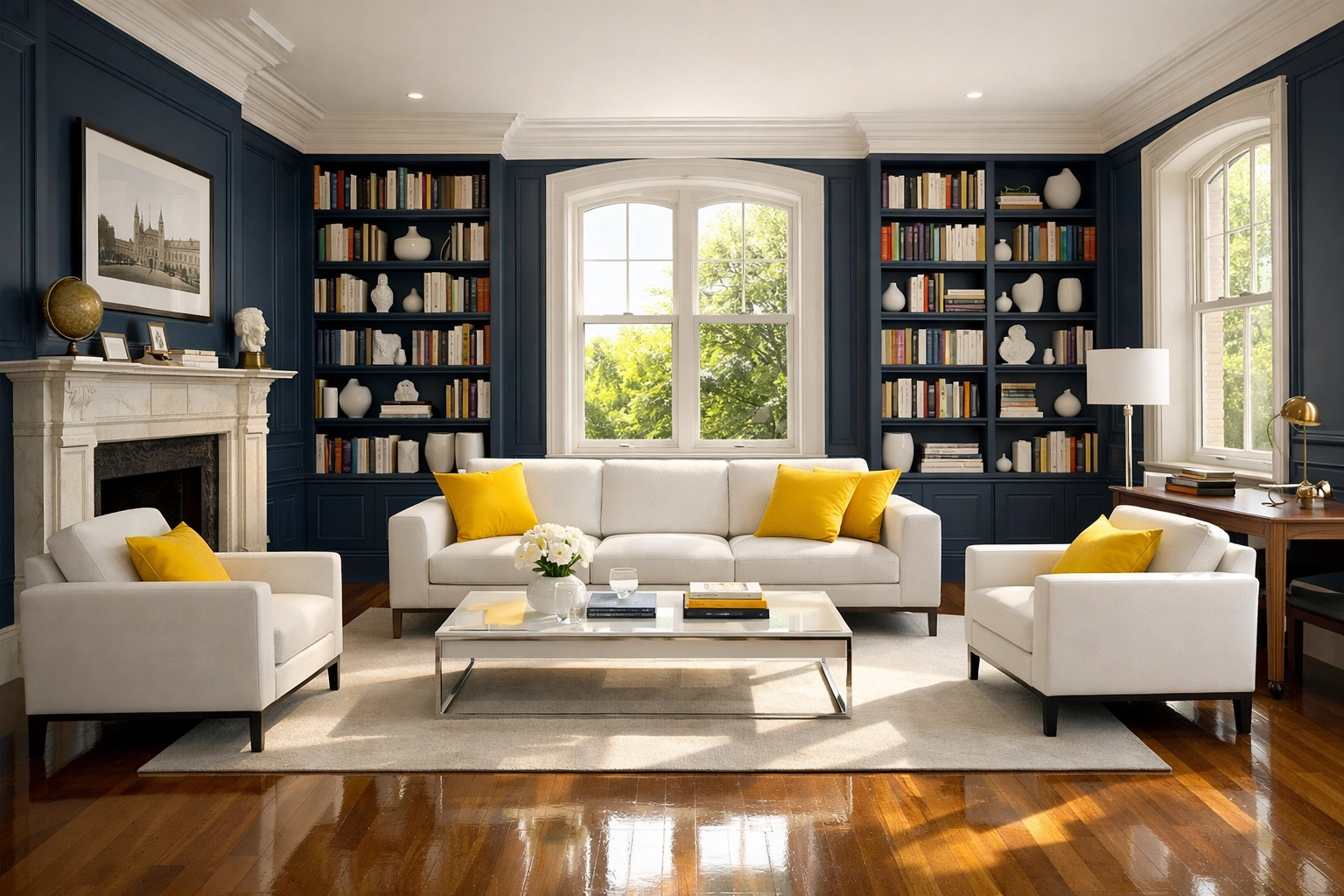 Professionally cleaned Cambridge living room with historic bookshelves and sparkling hardwood floors.