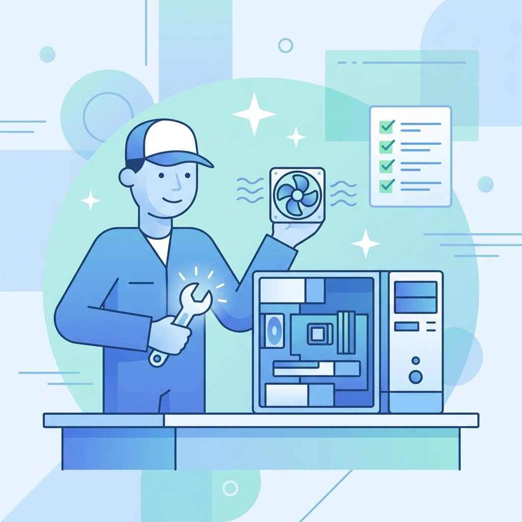 Technician icon performing desktop maintenance, symbolizing routine computer care and IT support in Hollywood FL