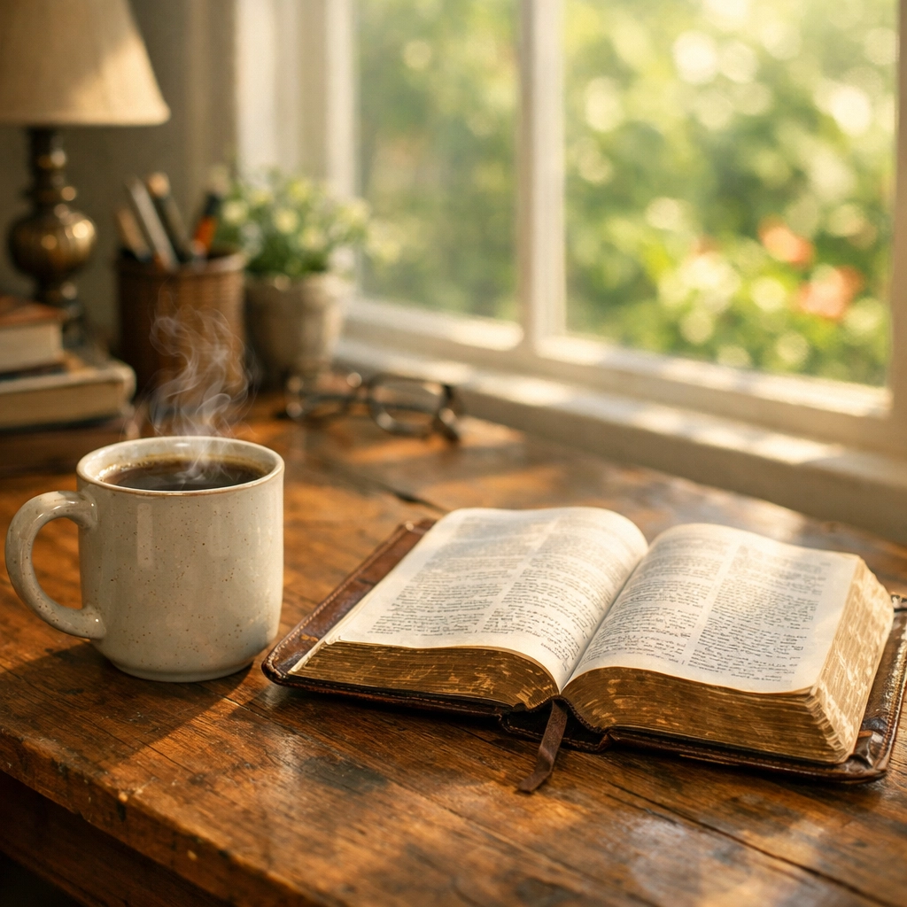 A peaceful desk with an open Bible and coffee, representing faith-based stress management and mental clarity.