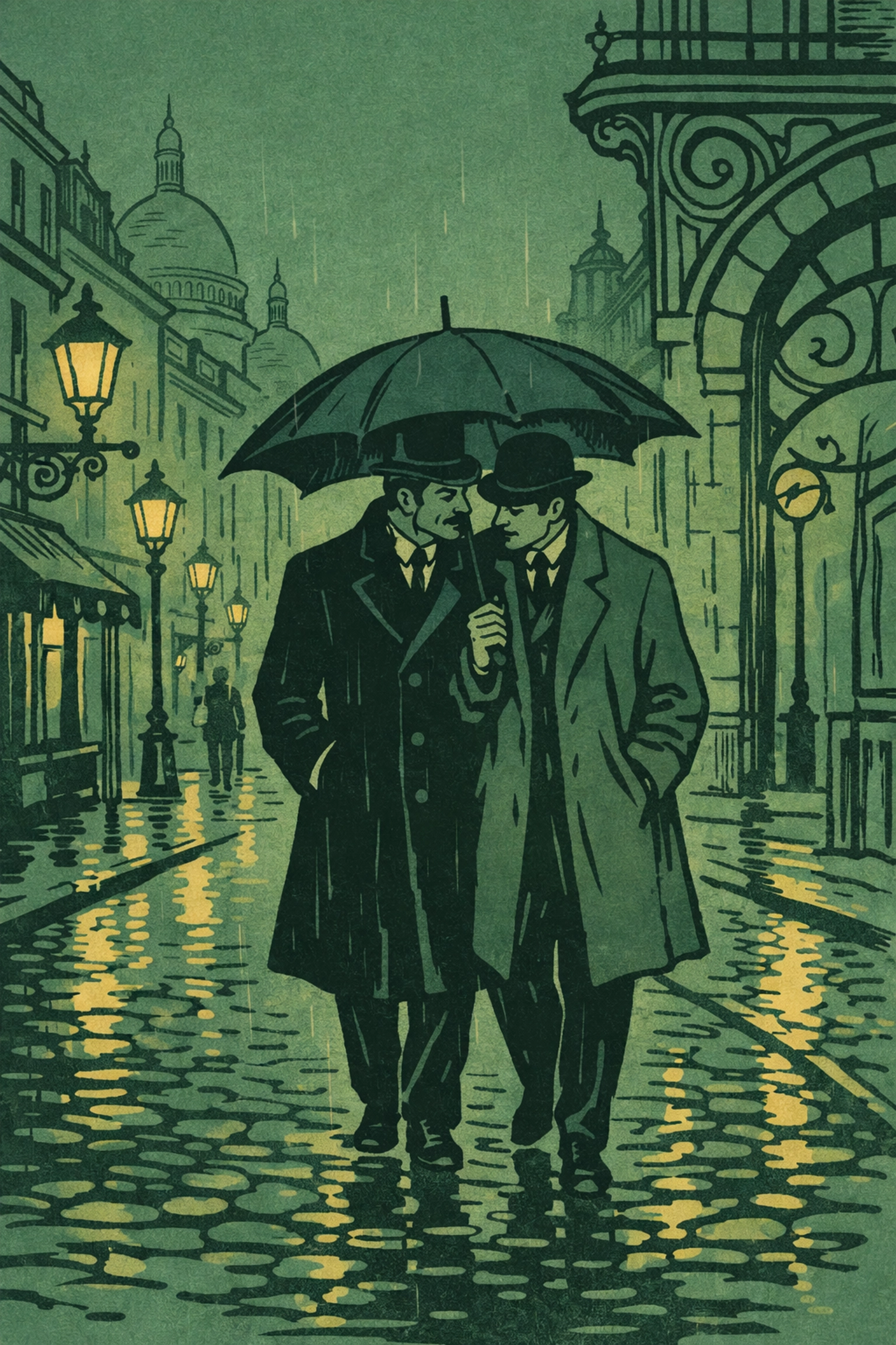 Two men walking under umbrella through rainy Belle Époque Paris streets - MM historical fiction
