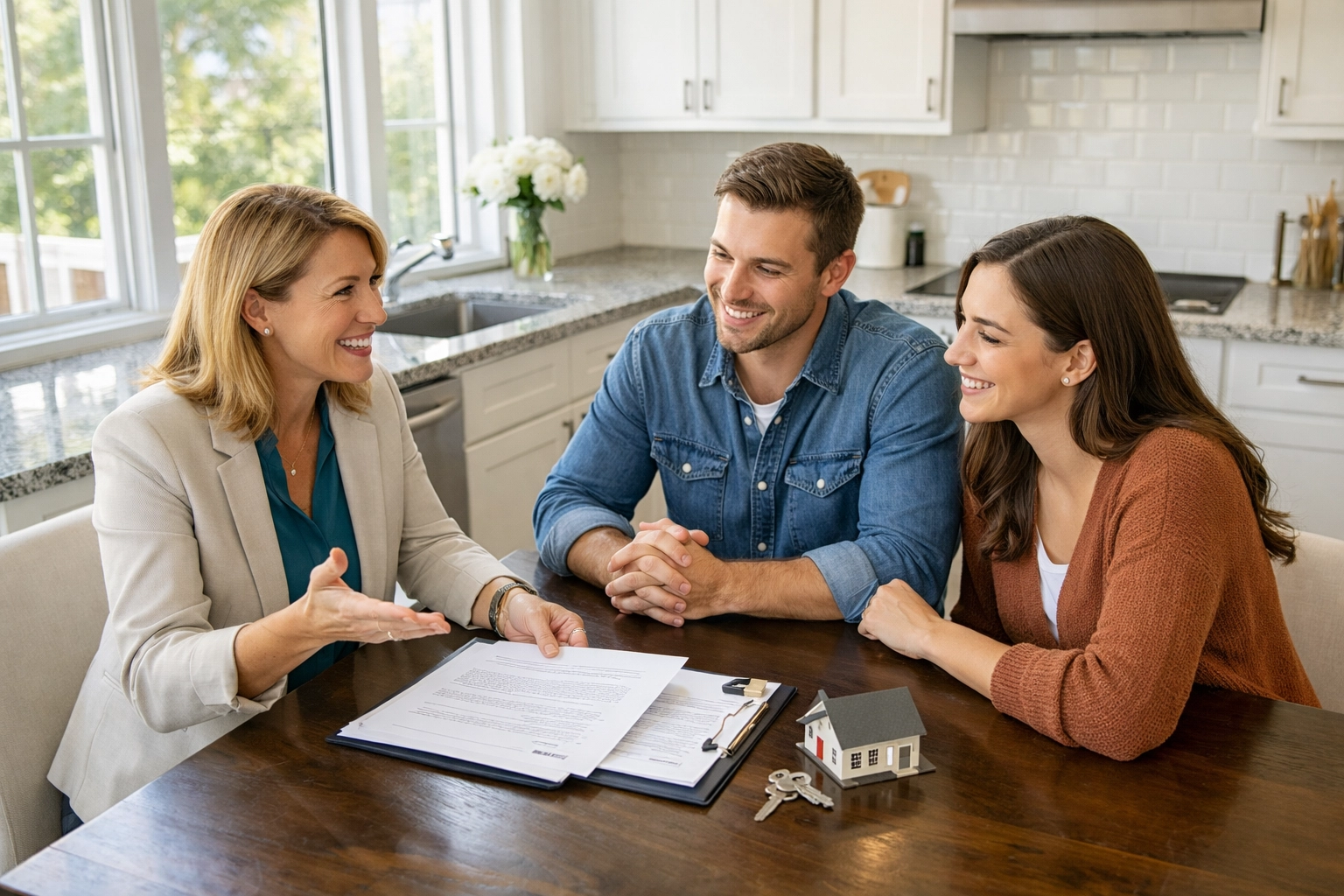 Real estate agent negotiating with couple in modern Greensboro home