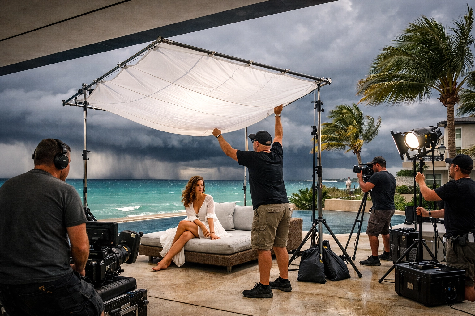 Commercial photographer Miami crew managing lighting equipment during an outdoor coastal shoot.