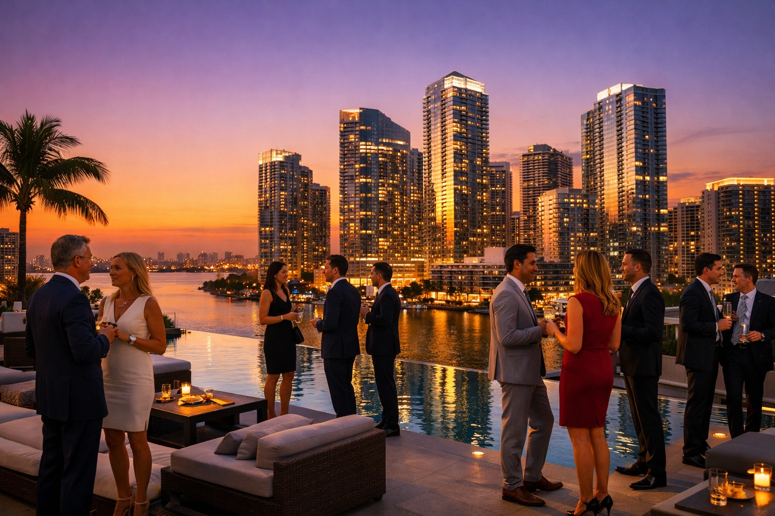 Miami event photographer capturing a luxury corporate mixer on a Brickell rooftop at sunset.