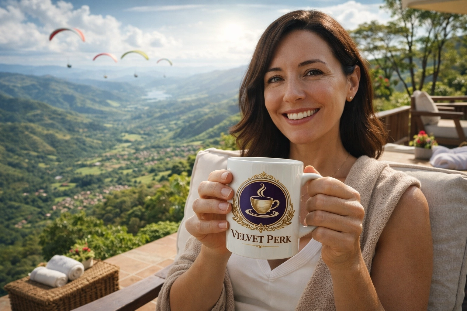 The Morning Ritual: How Premium Coffee Beans Fuel Your Productivity A smiling woman with Velvet Perk mug on patio