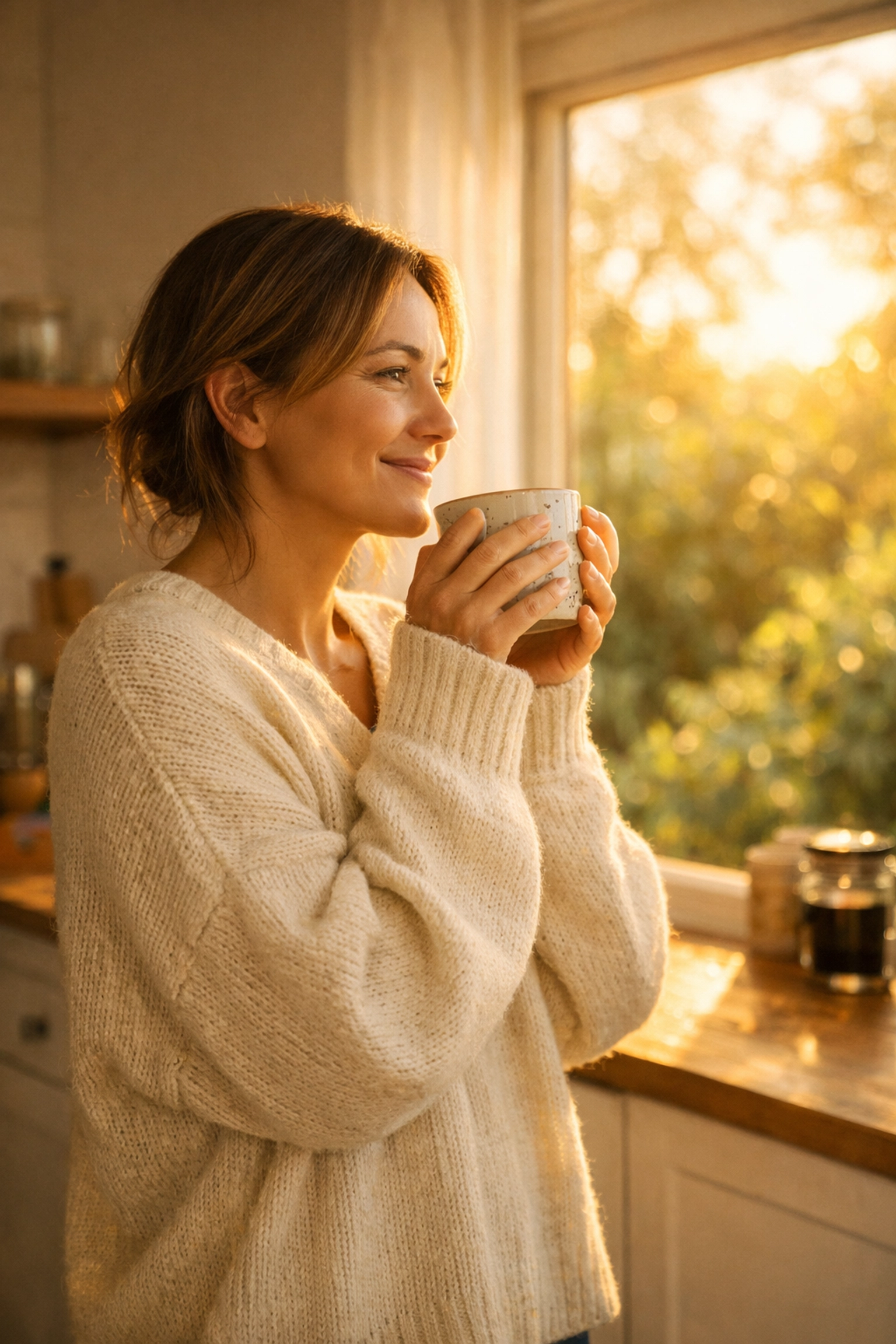 A peaceful woman in a sunlit kitchen showing the benefits of a regulated nervous system and wellness.