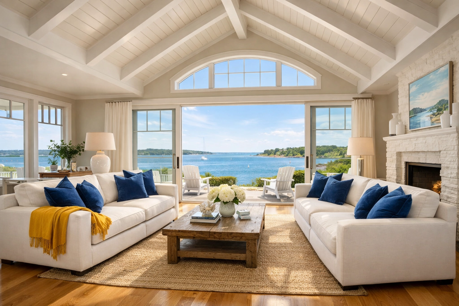 Pristine coastal estate living room in Duxbury, MA, showcasing clean air from eco-friendly luxury cleaning services.
