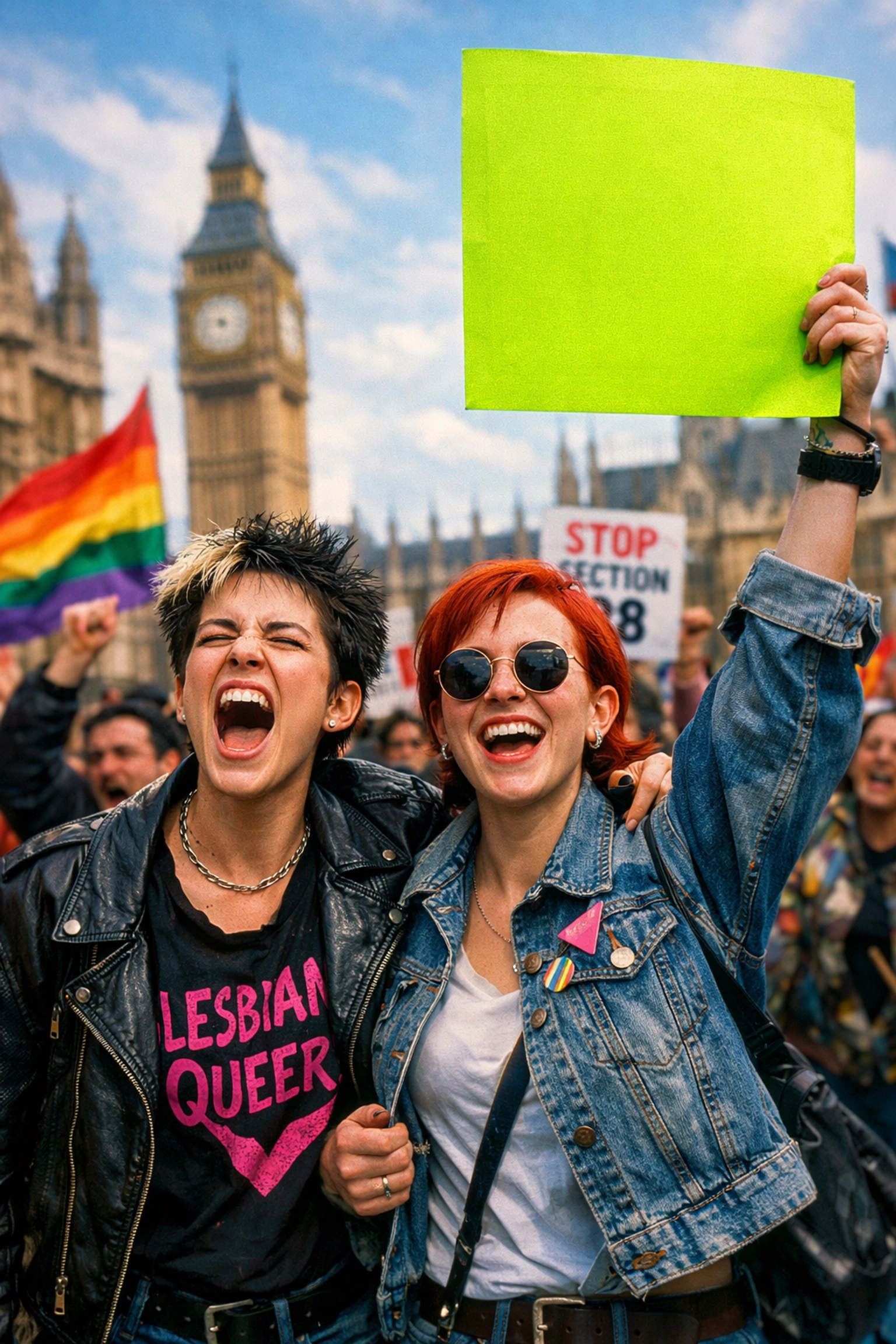 Lesbian activists protesting Section 28 in London to protect LGBTQ+ rights and literature.