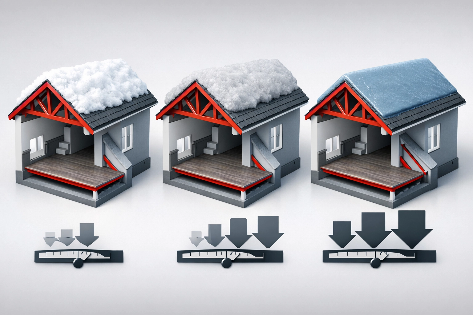 Comparison of fluffy snow, wet snow, and ice buildup on Salisbury roofs showing weight differences