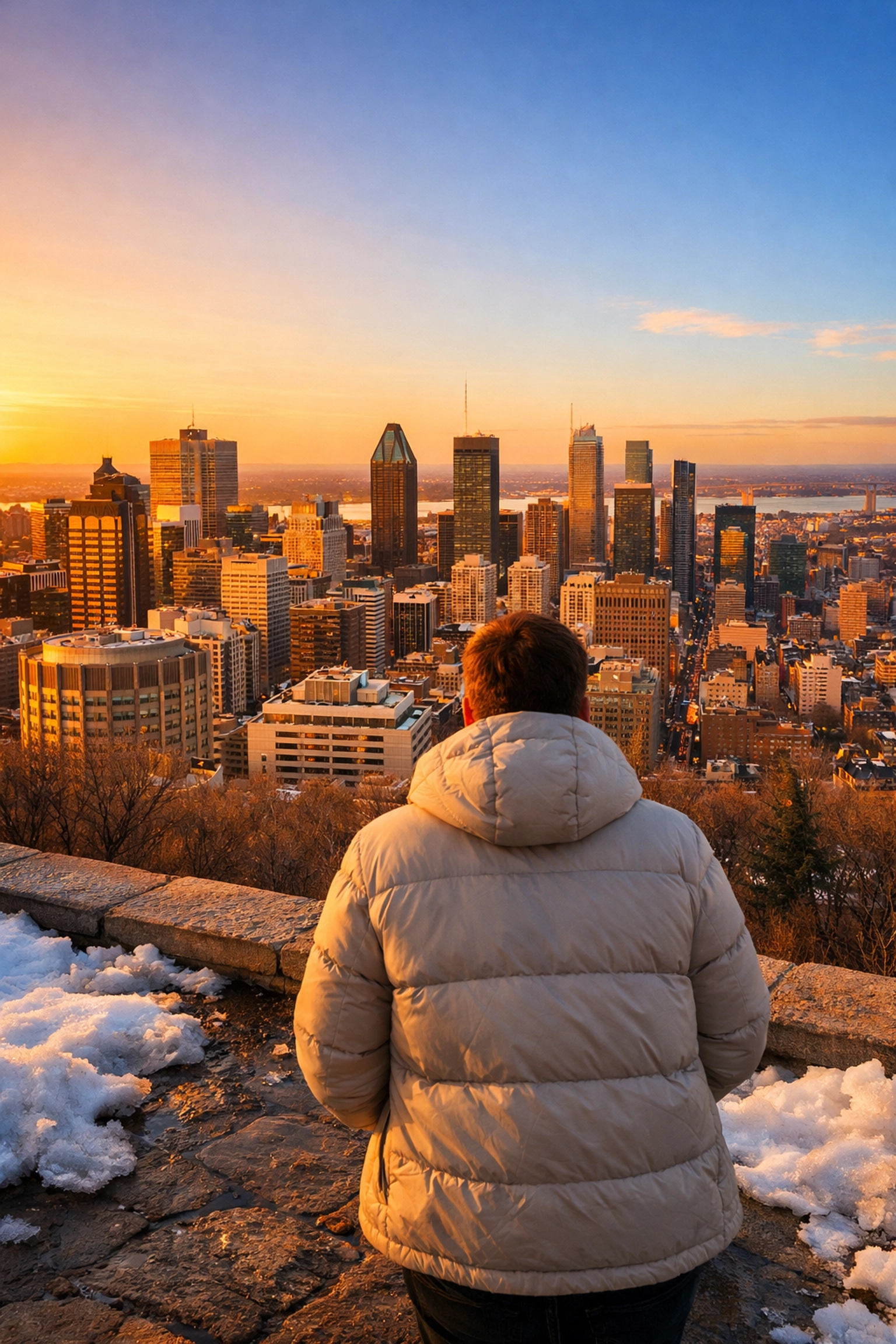 Panoramic view of the Montreal city skyline from the Mont Royal lookout during a golden hour sunset.