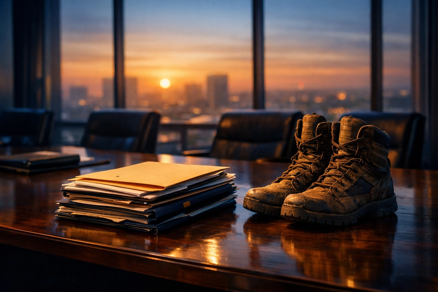 Tactical boots and legal folders on a boardroom table, symbolizing non-profit board of director compliance.
