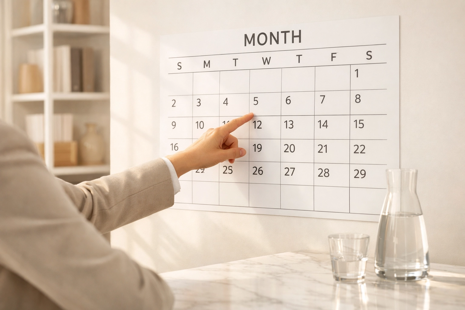 Consultant reviewing 2026 IRS tax deadlines and small business filing dates on an office calendar.