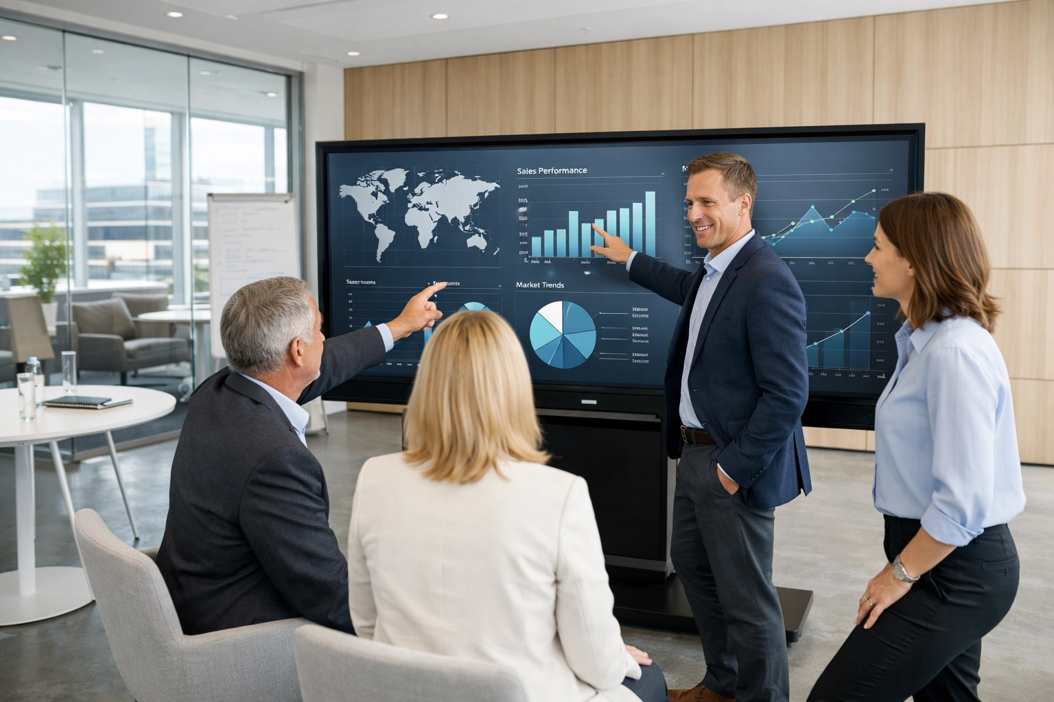 Executives participating in customized organizational strategy training using modern technology.