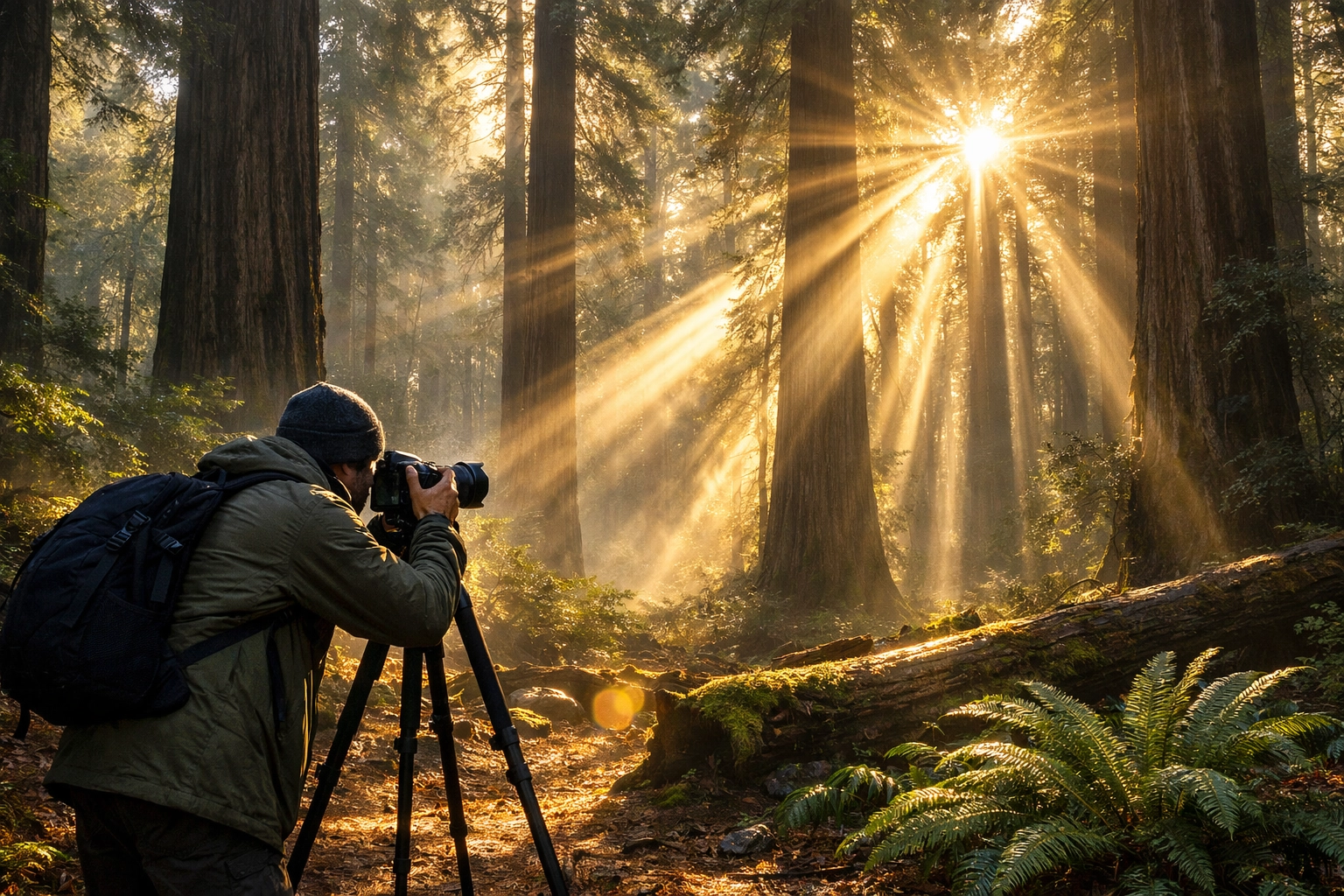 Photographer capturing morning light in a forest to master exposure in photography tutorials.