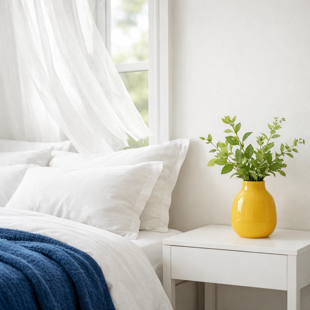 Dust-free minimalist bedroom in a Leominster apartment promoting healthy indoor air quality.