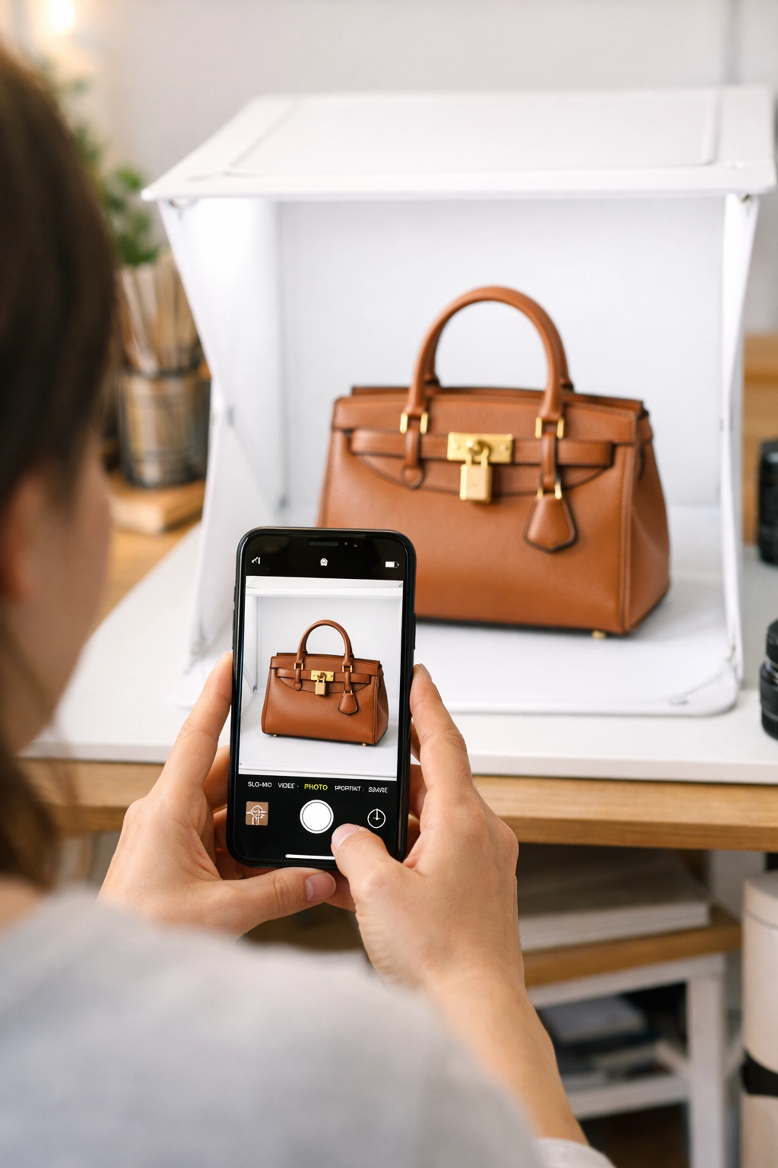 A reseller taking professional smartphone photos of a designer handbag in a light box for an eBay listing.