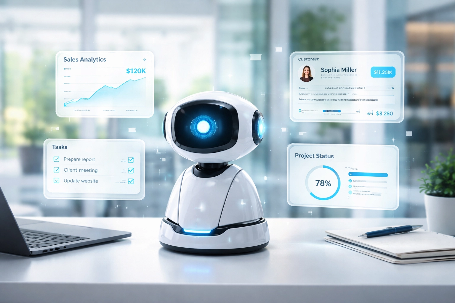 AI assistant and business data cards on a desk, highlighting intelligent automation and metadata-driven workflows in ServiceNow