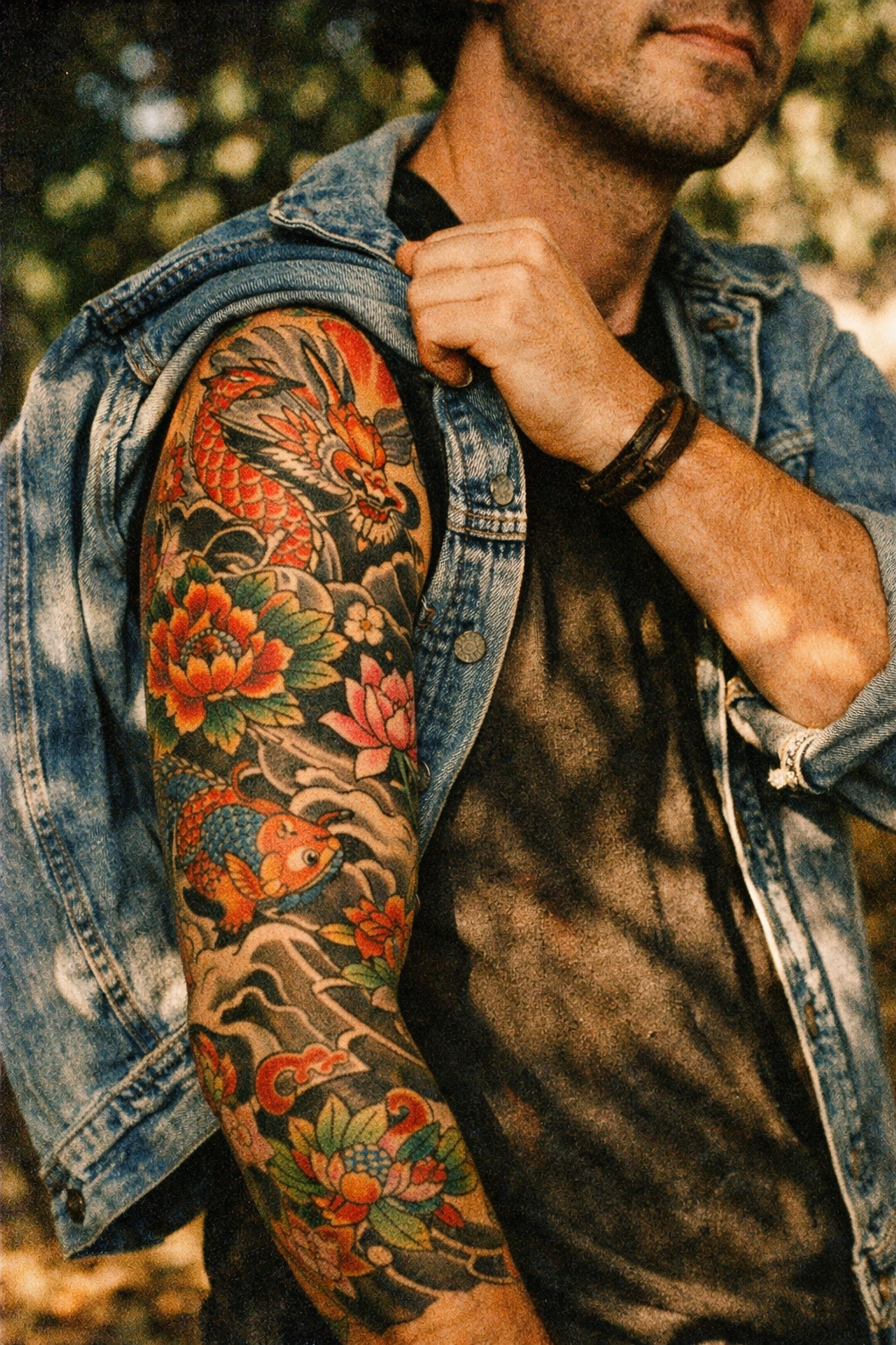A vibrant, fully healed tattoo sleeve showing the long-term results of professional aftercare instructions.
