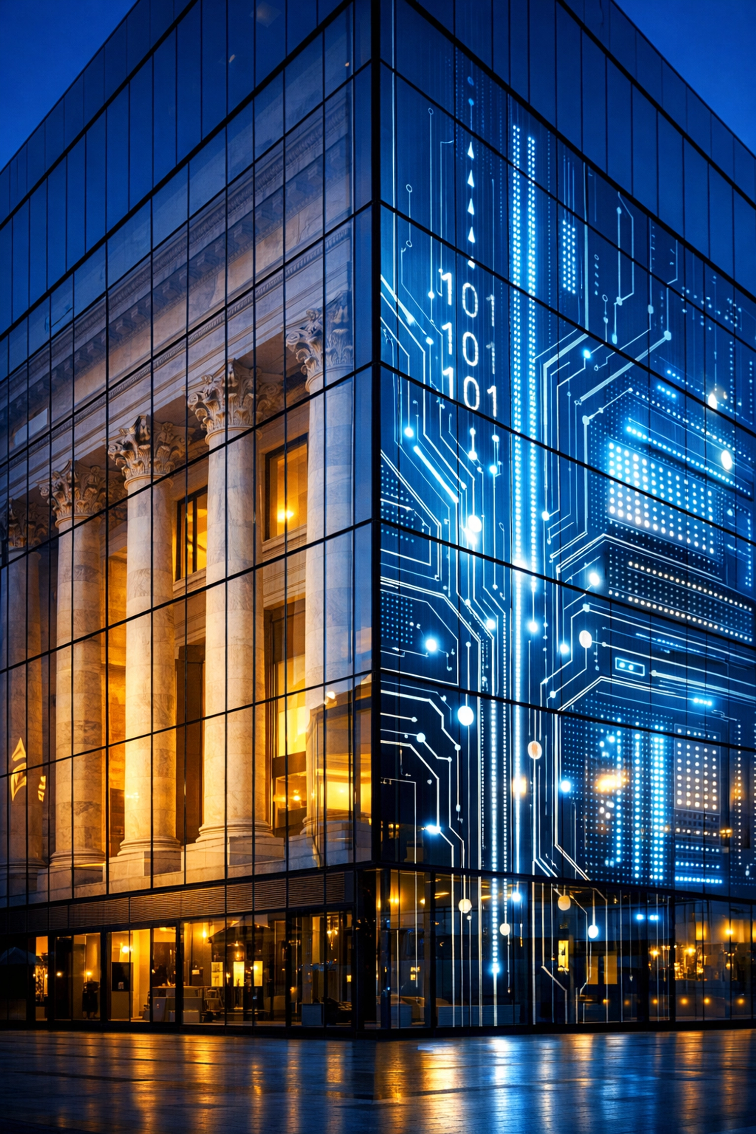 Traditional finance architecture blending with digital blockchain technology showing market convergence