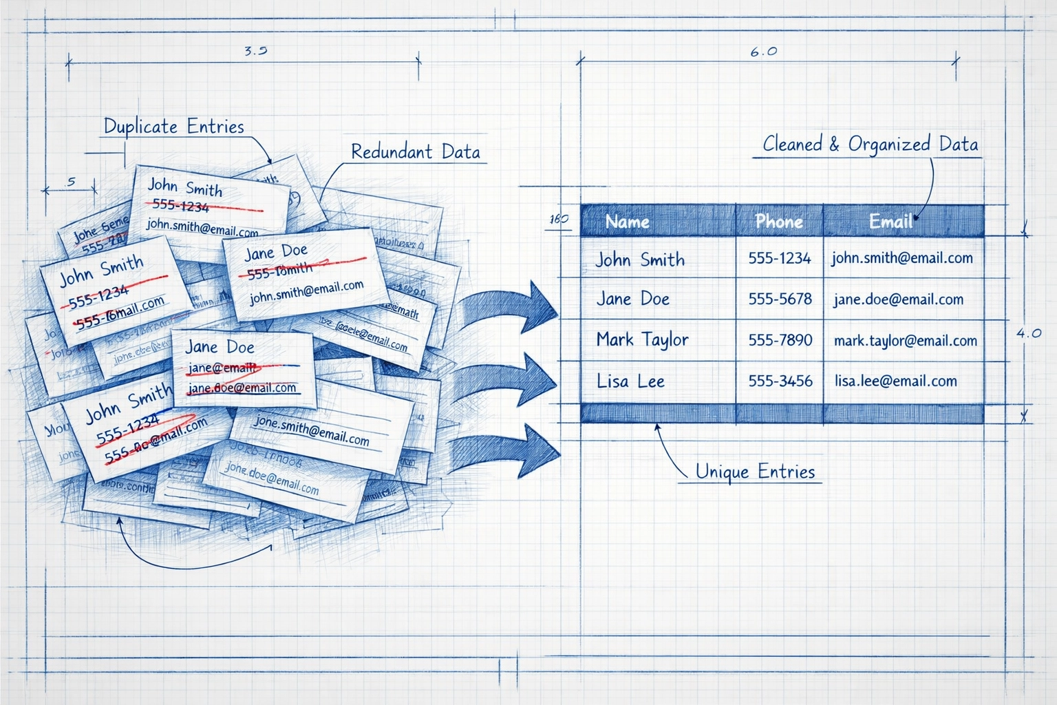 CRM data cleanup process transforming disorganized duplicate contacts into clean organized database