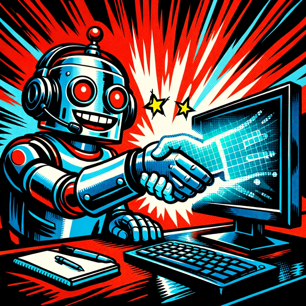 An AI virtual assistant for business shaking hands with a customer through a computer screen.