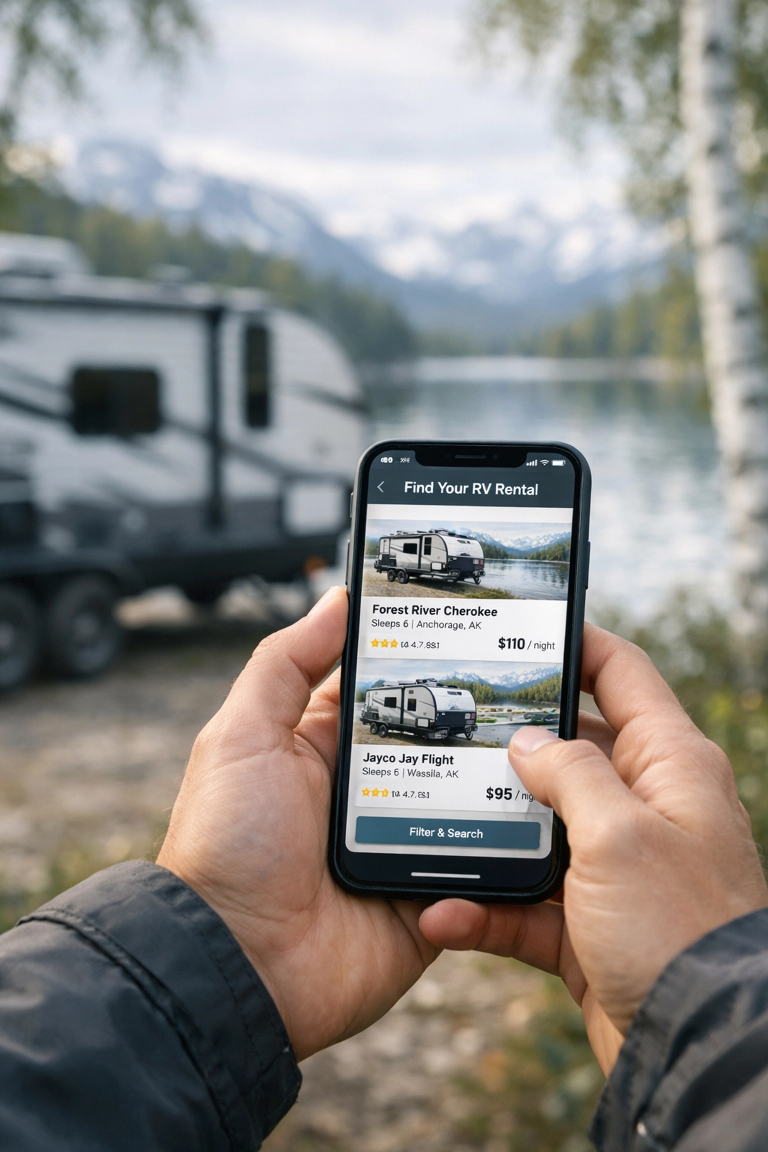 Person listing RV for rent on smartphone app with travel trailer near Alaskan lake