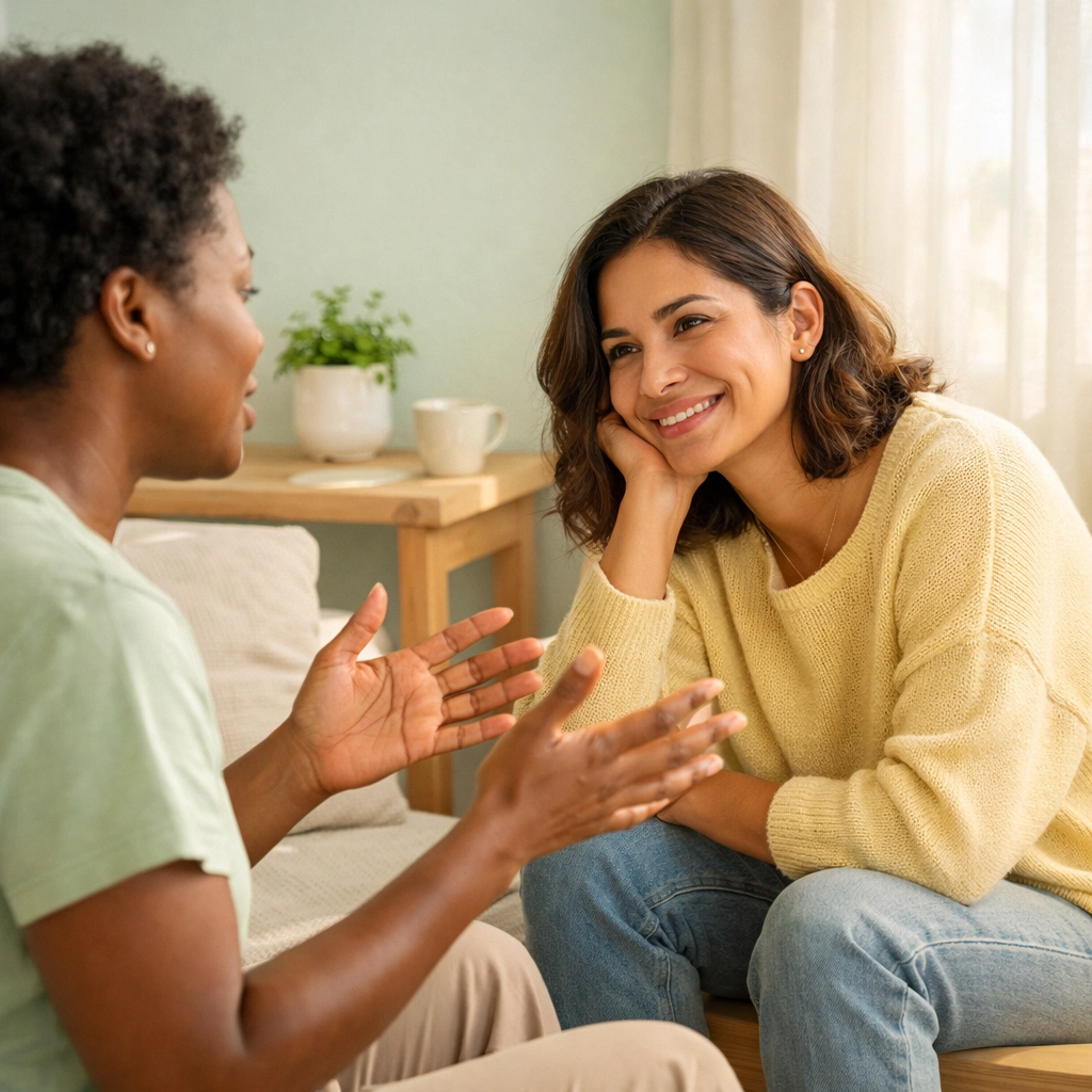 Two people sharing an empathetic, affirming conversation during an LGBTQ+ counseling session.