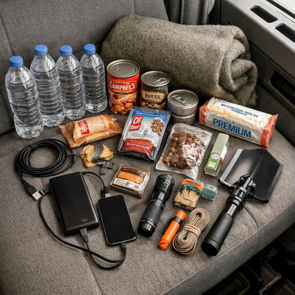 Emergency survival supplies for truckers including water, blankets, and flashlight