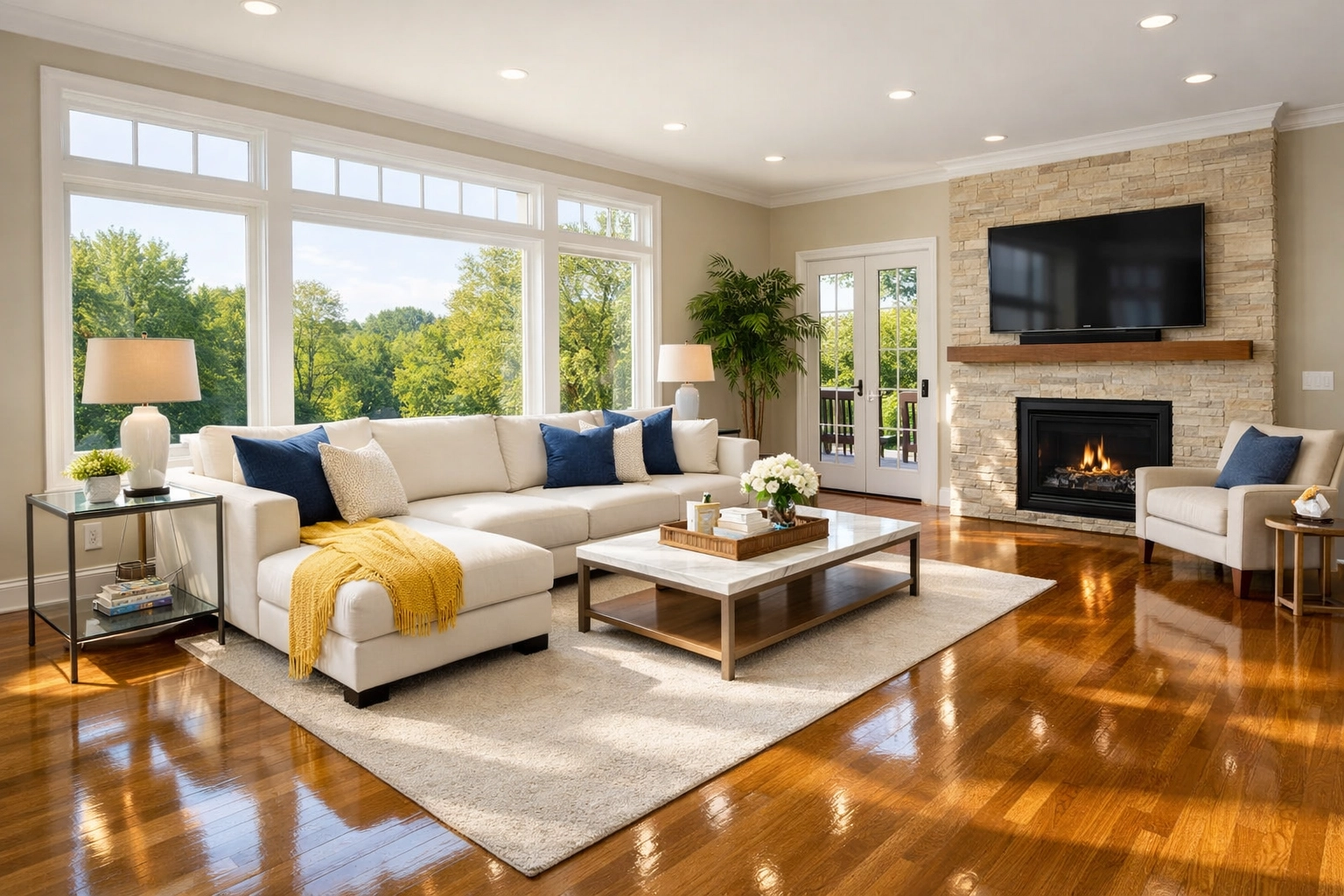 Impeccably clean Westborough living room showing the results of professional weekly house cleaning.