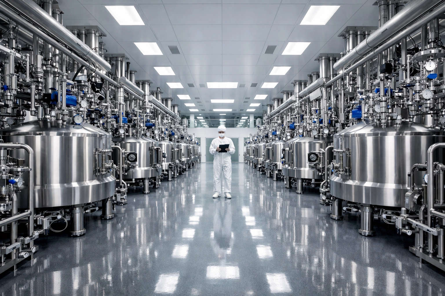 Technician conducting clean room monitoring in a sterile pharmaceutical manufacturing facility.