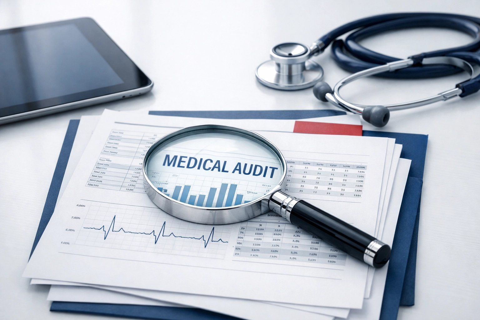 A professional audit of medical billing documents using a magnifying glass to verify credit debt.