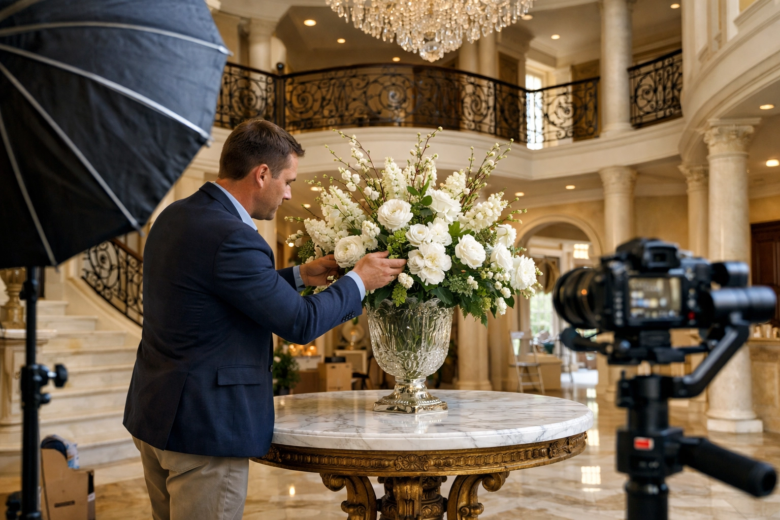 Behind the scenes of professional real estate photography inside a luxury mansion foyer.