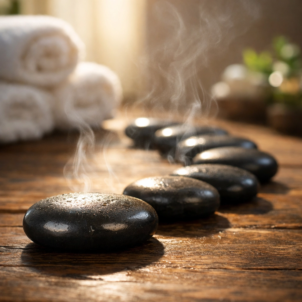 Heated basalt stones arranged for hot stone massage therapy in Edmonton spa setting