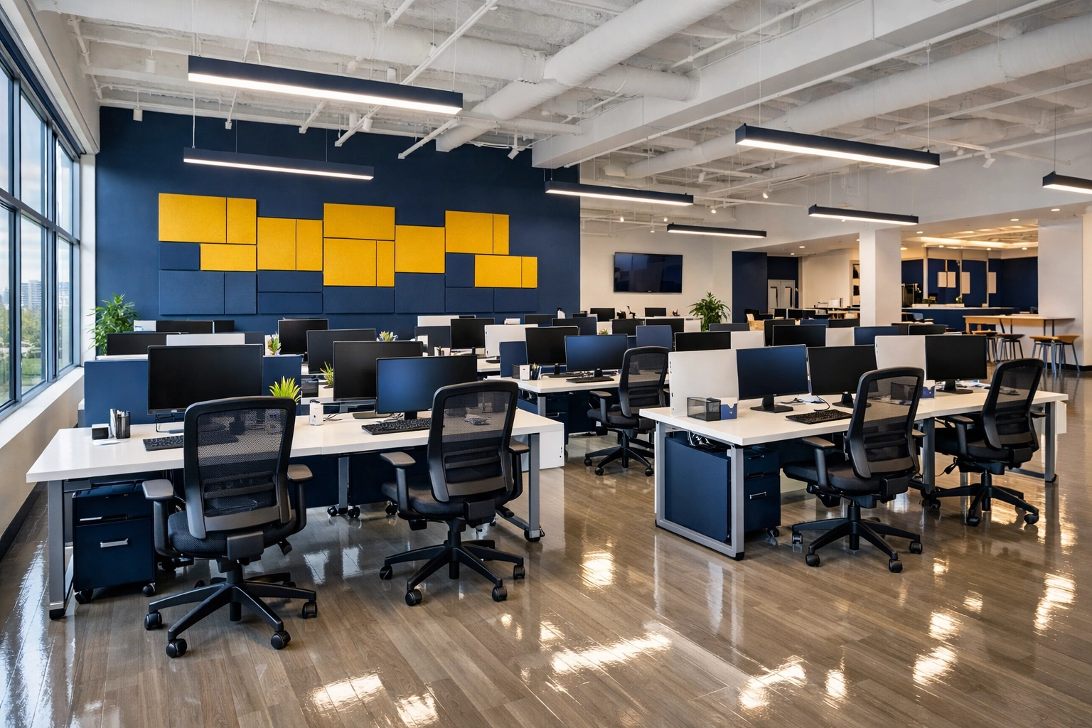 Spacious open-plan office in Westborough with shining floors, perfect for professional commercial cleaning services.