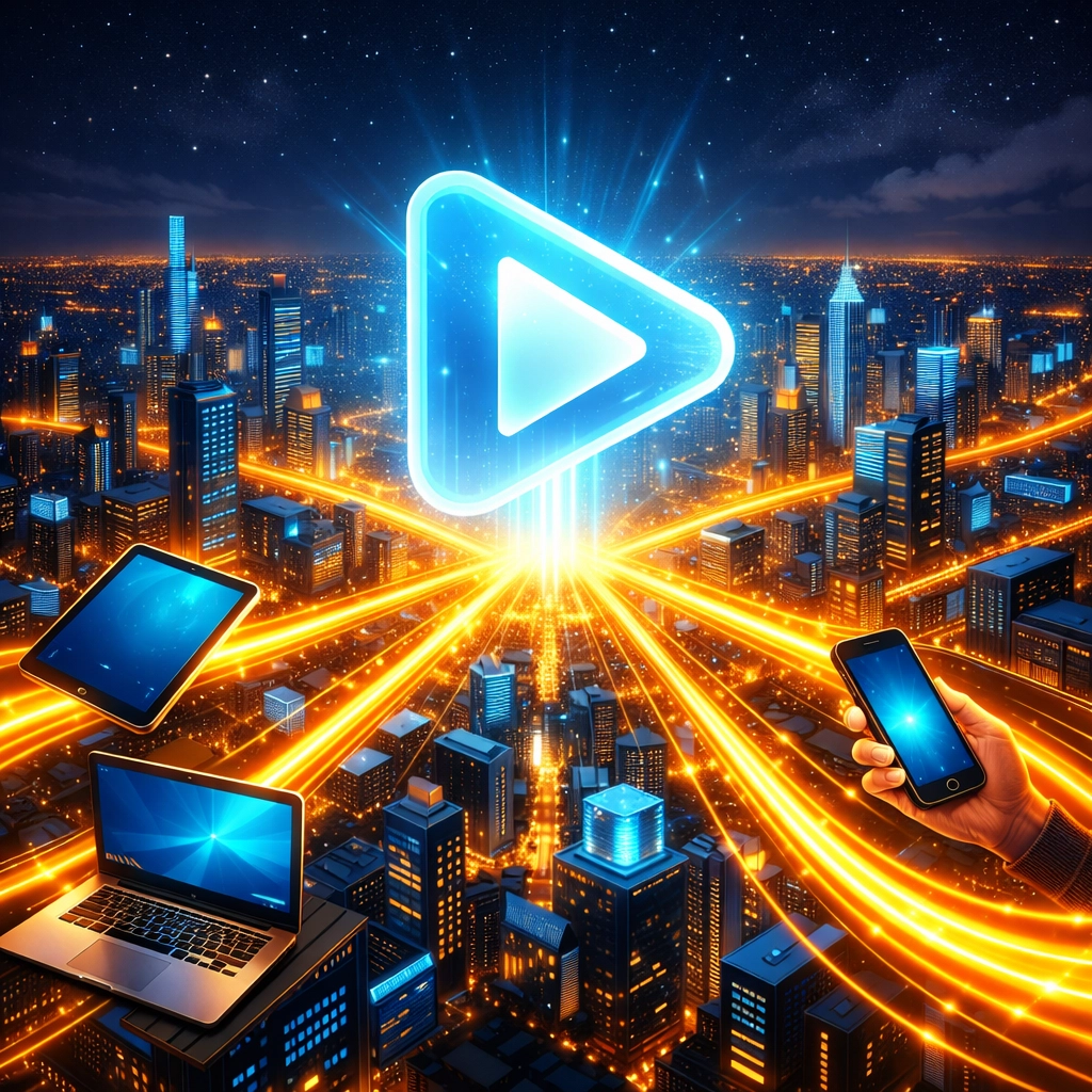 Digital paths from multiple devices converging into a play button, showing external traffic sources for SEO.