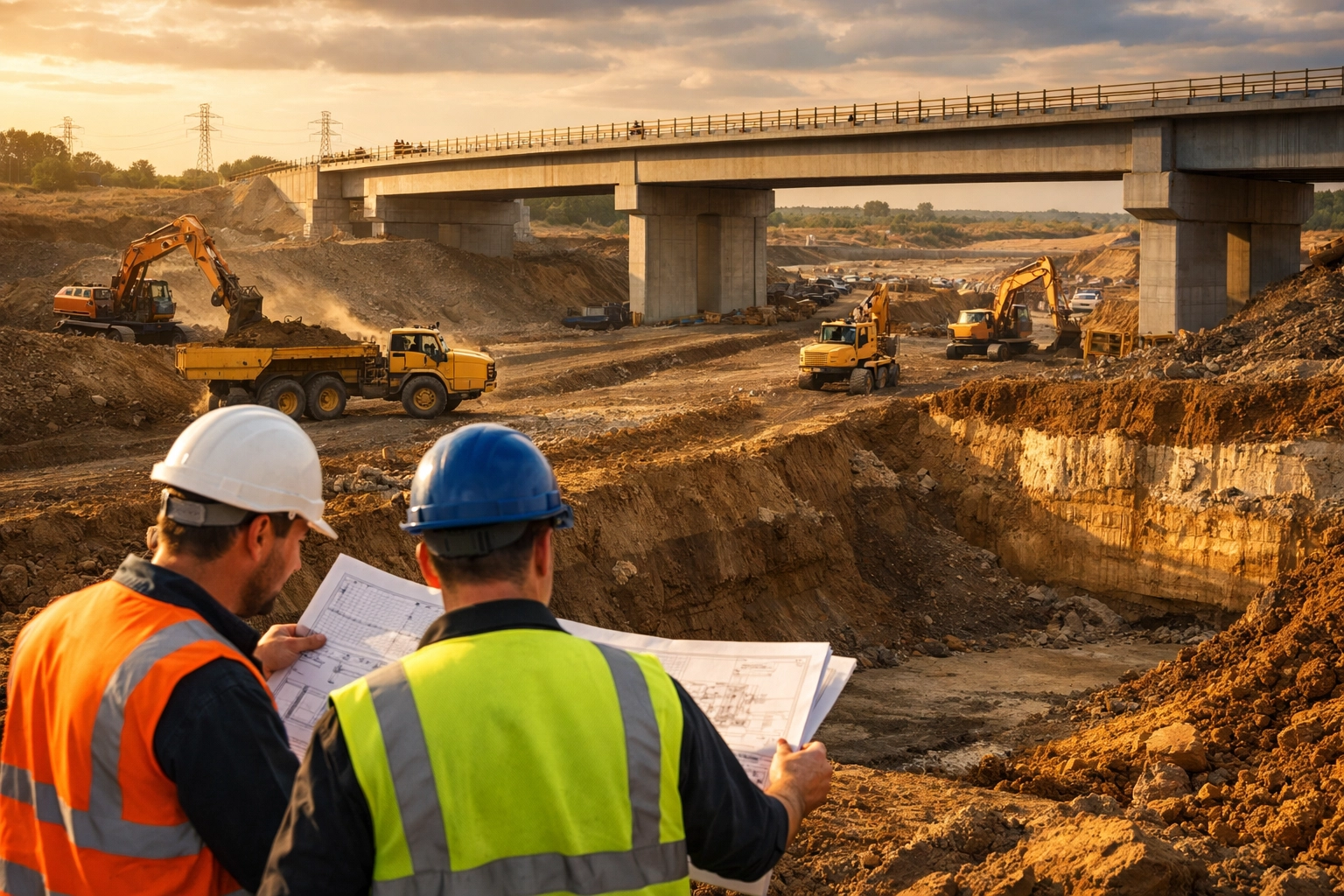 UK motorway construction site with civil engineers and excavators working on infrastructure project